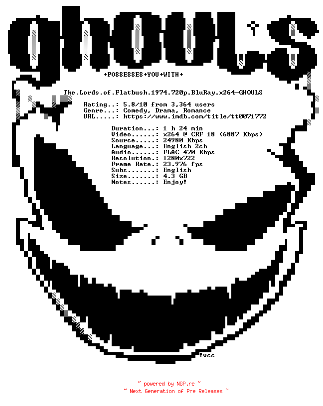 NFO for the release The.Lords.of.Flatbush.1974.720p.BluRay.x264-GHOULS by GHOULS