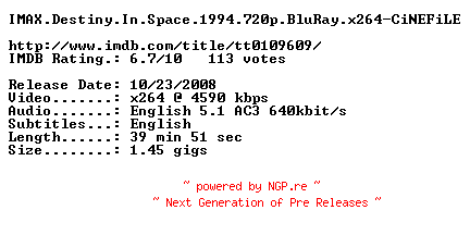 NFO for the release IMAX.Destiny.In.Space.1994.720p.BluRay.x264-CiNEFiLE by CiNEFiLE
