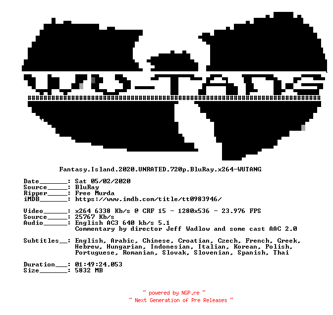 NFO for the release Fantasy.Island.2020.UNRATED.720p.BluRay.x264-WUTANG by WUTANG