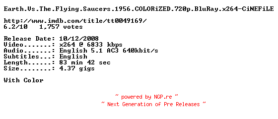 NFO for the release Earth.Vs.The.Flying.Saucers.1956.COLORiZED.720p.BluRay.x264-CiNEFiLE by CiNEFiLE