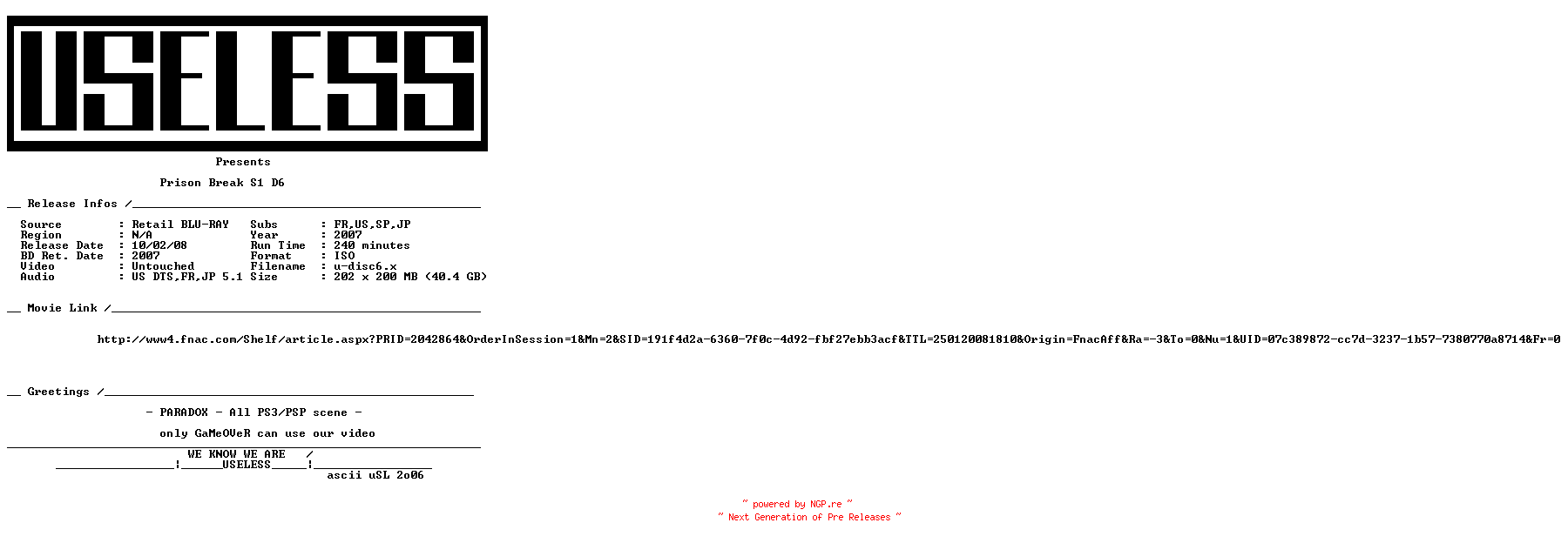 NFO for the release Prison.Break.S1.D6.MULTi.BLURAY-USELESS by USELESS