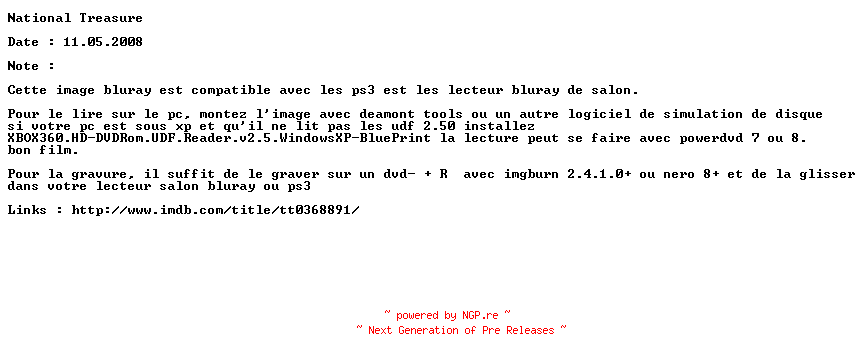 NFO for the release National.Treasure.2004.720p.FRENCH.BluRay.BD5.x264-iDHD by iDHD