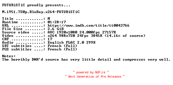 NFO for the release M.1951.720p.BluRay.x264-FUTURiSTiC by FUTURiSTiC