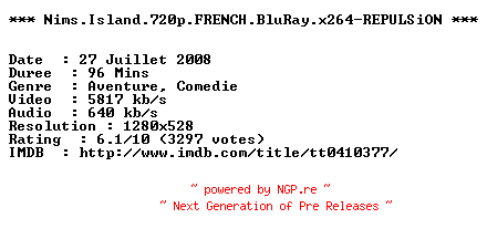 NFO for the release Nims.Island.720p.FRENCH.BluRay.x264-REPULSiON by REPULSiON