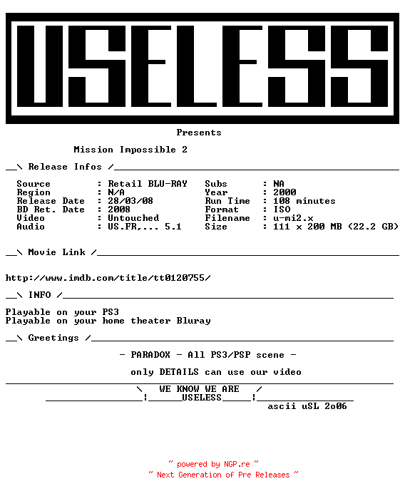 NFO for the release Mission.Impossible.2.2000.MULTi.BLURAY-USELESS by USELESS