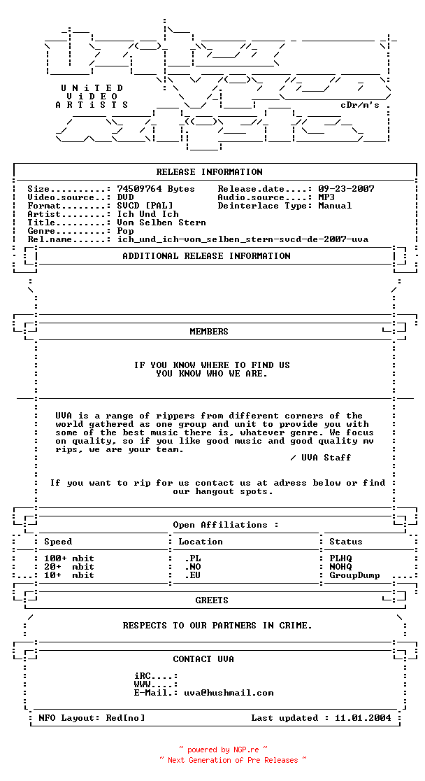 NFO for the release Ich_und_ich-vom_selben_stern-svcd-de-2007-uva by uva
