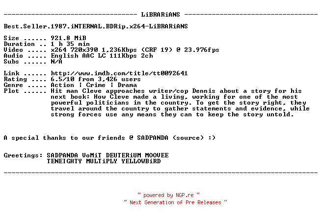 NFO for the release Best.Seller.1987.iNTERNAL.BDRip.x264-LiBRARiANS by LiBRARiANS