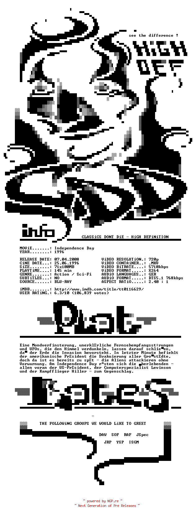 NFO for the release Independence.Day.1996.German.720p.BluRay.x264-CDD by CDD