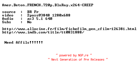 NFO for the release Amer.Beton.FRENCH.720p.BluRay.x264-CREEP by CREEP
