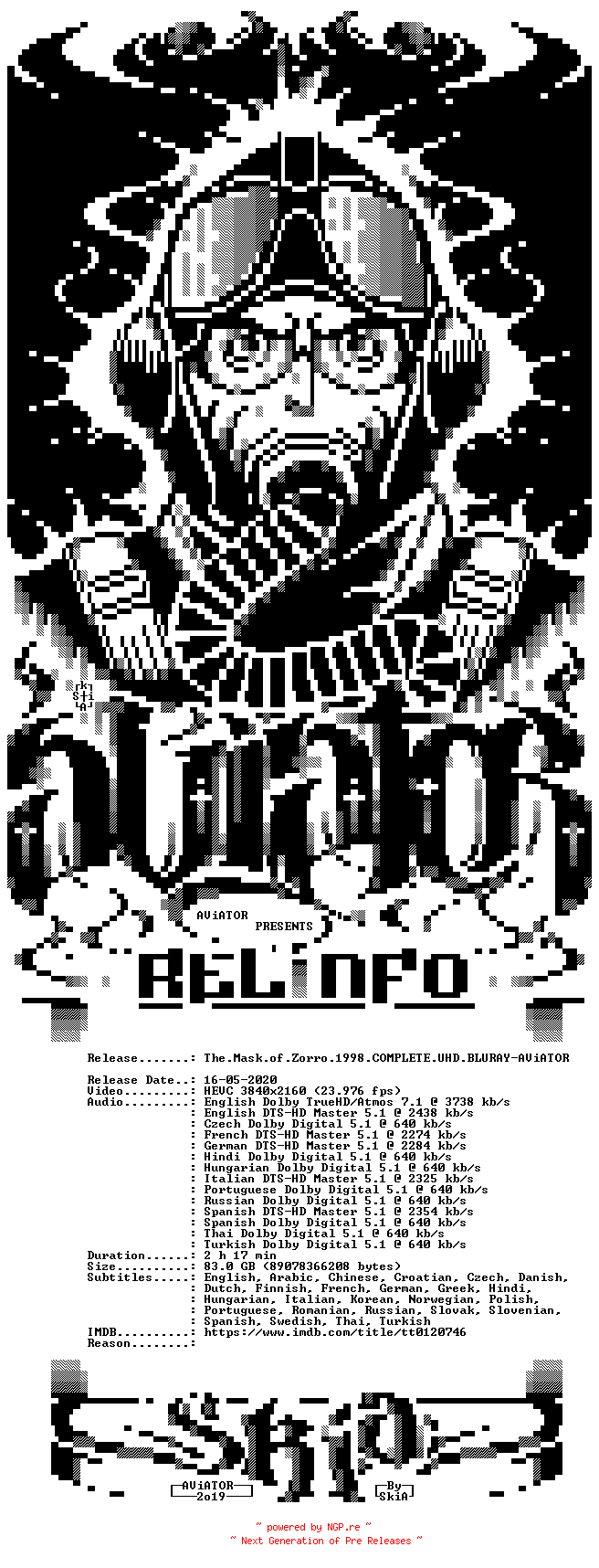 NFO for the release The.Mask.of.Zorro.1998.COMPLETE.UHD.BLURAY-AViATOR by AViATOR