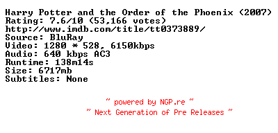 NFO for the release Harry.Potter.And.The.Order.Of.The.Phoenix.720p.BluRay.x264-REFiNED by REFiNED