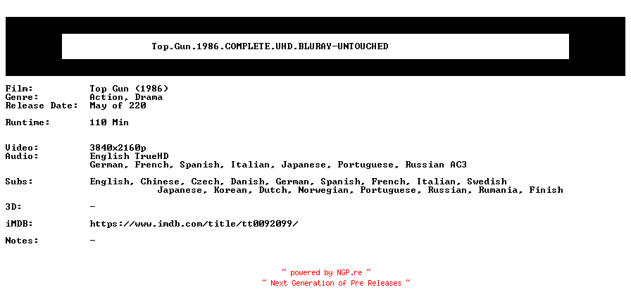 NFO for the release Top.Gun.1986.COMPLETE.UHD.BLURAY-UNTOUCHED by UNTOUCHED