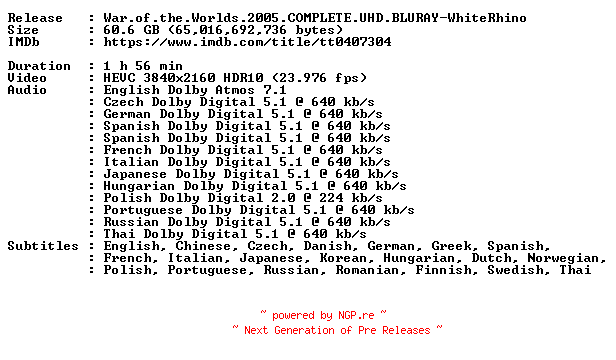 NFO for the release War.of.the.Worlds.2005.COMPLETE.UHD.BLURAY-WhiteRhino by WhiteRhino
