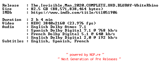 NFO for the release The.Invisible.Man.2020.COMPLETE.UHD.BLURAY-WhiteRhino by WhiteRhino