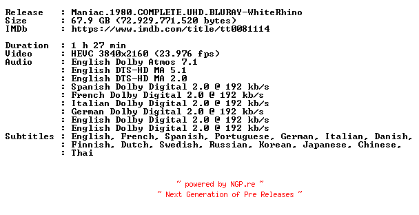 NFO for the release Maniac.1980.COMPLETE.UHD.BLURAY-WhiteRhino by WhiteRhino