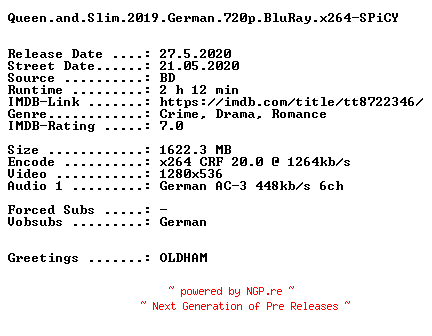 NFO for the release Queen.and.Slim.2019.German.720p.BluRay.x264-SPiCY by SPiCY