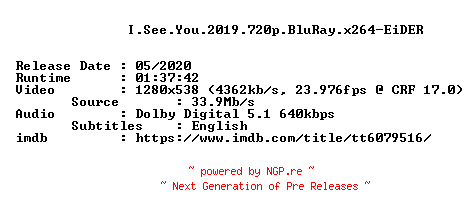 NFO for the release I.See.You.2019.720p.BluRay.x264-EiDER by EiDER