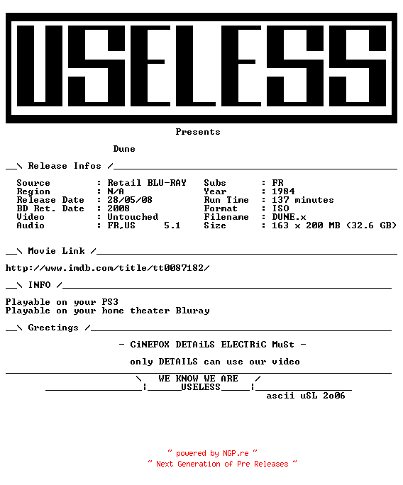 NFO for the release DUNE.1984.MULTI.INT.BLURAY-USELESS by USELESS