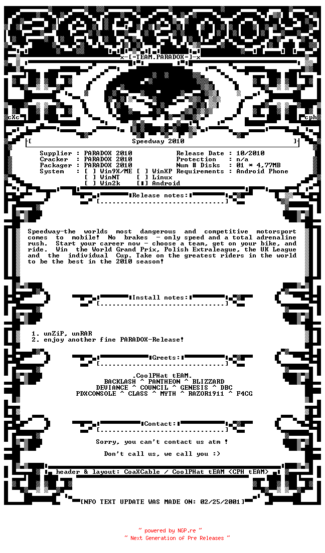 NFO for the release Speedway_2010_ANDROiD_v1.0-PDXPDA by PDXPDA