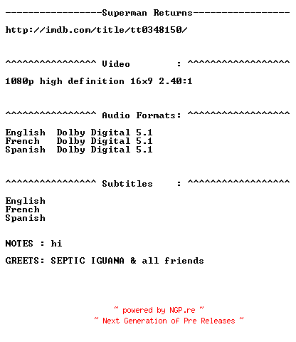 NFO for the release Superman.Returns.COMPLETE.A1.BLURAY-HDSWAT by HDSWAT