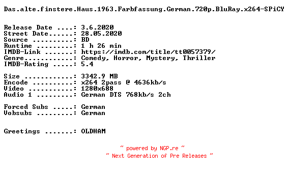 NFO for the release Das.alte.finstere.Haus.1963.Farbfassung.German.720p.BluRay.x264-SPiCY by SPiCY