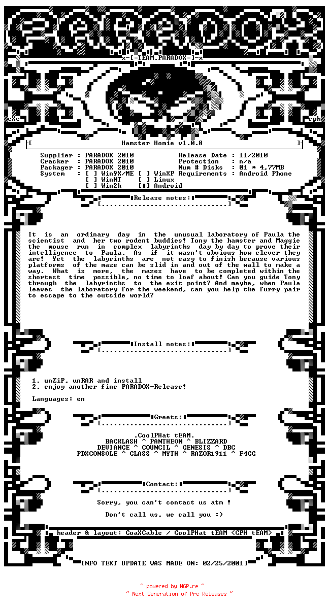 NFO for the release Hamster_Homie_v1.0.8_ANDROiD-PDXPDA by PDXPDA