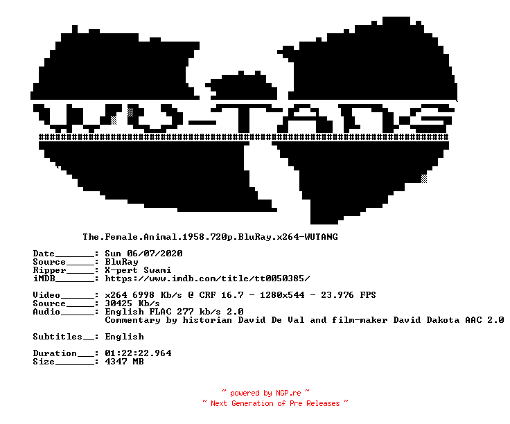 NFO for the release The.Female.Animal.1958.720p.BluRay.x264-WUTANG by WUTANG