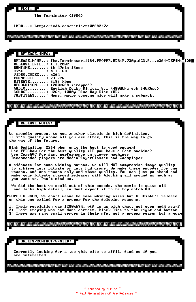 NFO for the release The.Terminator.1984.PROPER.BDRiP.720p.AC3.5.1.x264-DEFiNiTiON by DEFiNiTiON