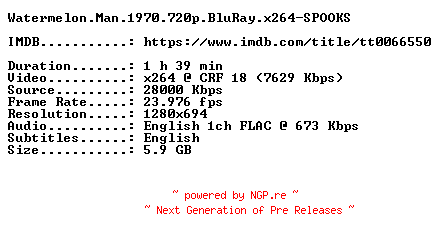NFO for the release Watermelon.Man.1970.720p.BluRay.x264-SPOOKS by SPOOKS
