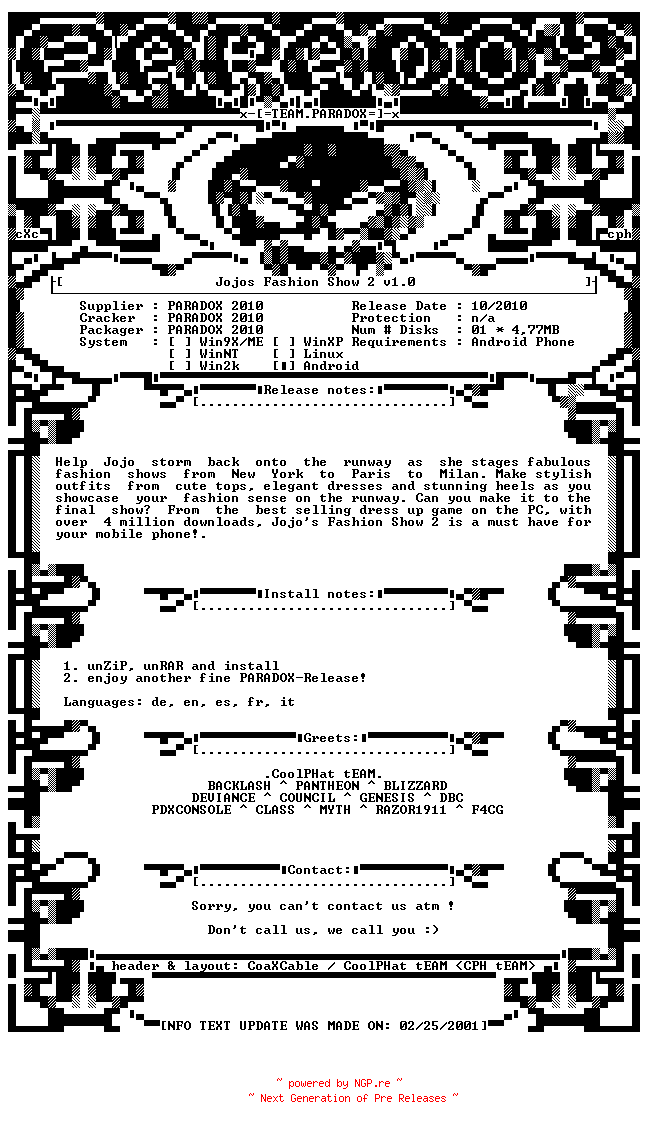 NFO for the release Jojos_Fashion_Show_2_v1.0_ANDROiD-PDXPDA by PDXPDA