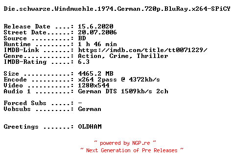 NFO for the release Die.schwarze.Windmuehle.1974.German.720p.BluRay.x264-SPiCY by SPiCY