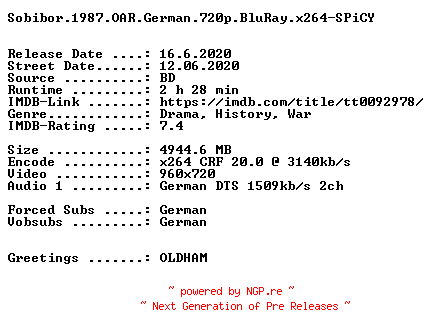 NFO for the release Sobibor.1987.OAR.German.720p.BluRay.x264-SPiCY by SPiCY