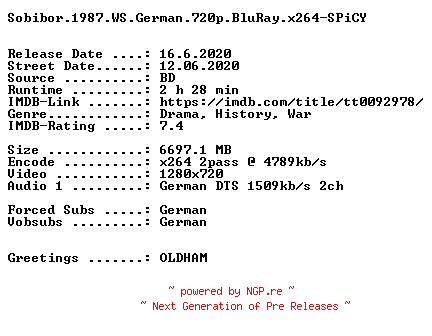 NFO for the release Sobibor.1987.WS.German.720p.BluRay.x264-SPiCY by SPiCY