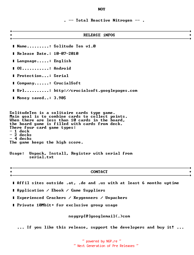 NFO for the release CrucialSoft.Solitude.Ten.v1.0.Android.Regged-NOYPDA by NOYPDA