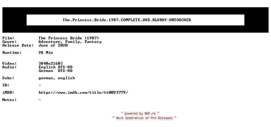 NFO for the release The.Princess.Bride.1987.COMPLETE.UHD.BLURAY-UNTOUCHED by UNTOUCHED