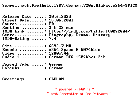 NFO for the release Schrei.nach.Freiheit.1987.German.720p.BluRay.x264-SPiCY by SPiCY