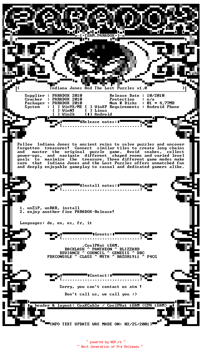 NFO for the release Indiana_Jones_And_The_Lost_Puzzles_v1.0_ANDROiD-PDXPDA by PDXPDA
