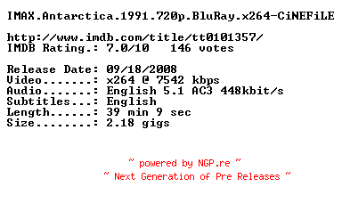 NFO for the release IMAX.Antarctica.1991.720p.BluRay.x264-CiNEFiLE by CiNEFiLE