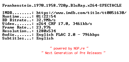 NFO for the release Frankenstein.1970.1958.720p.BluRay.x264-SPECTACLE by SPECTACLE
