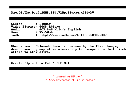 NFO for the release Day.Of.The.Dead.2008.STV.720p.Bluray.x264-hV by hV
