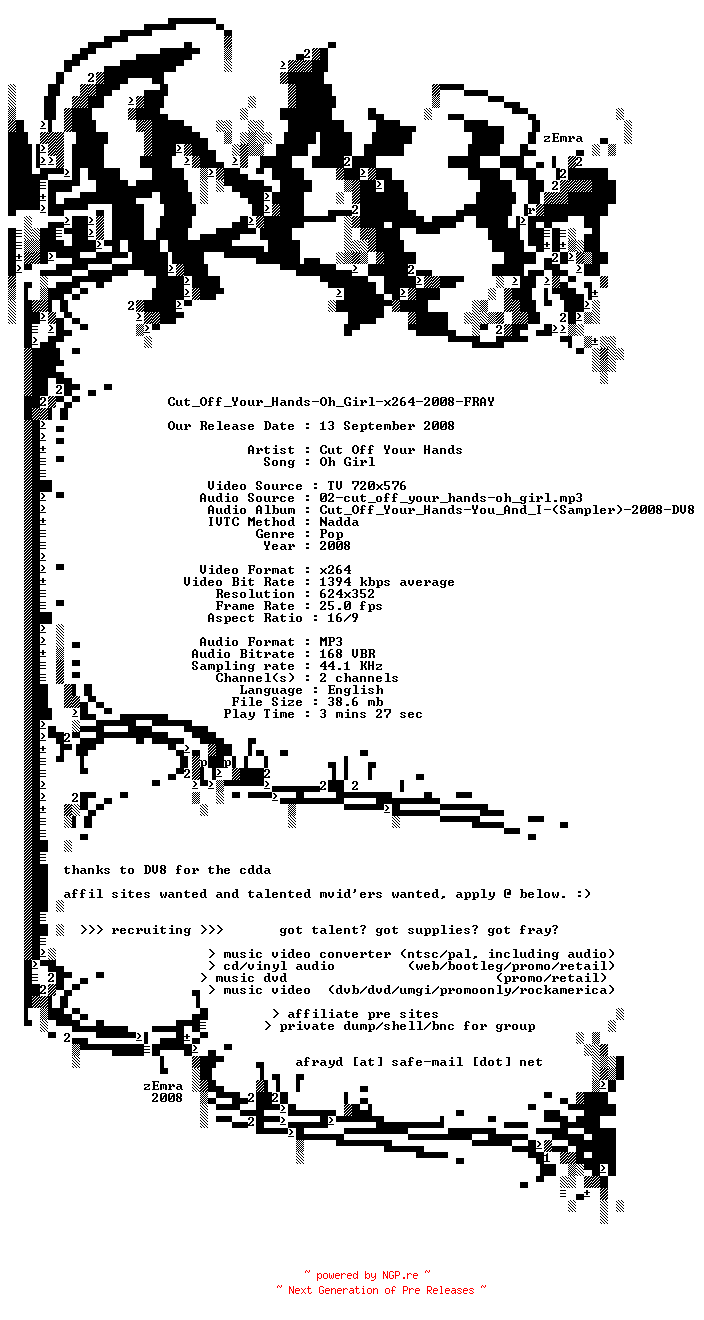 NFO for the release Cut_Off_Your_Hands-Oh_Girl-x264-2008-FRAY by FRAY