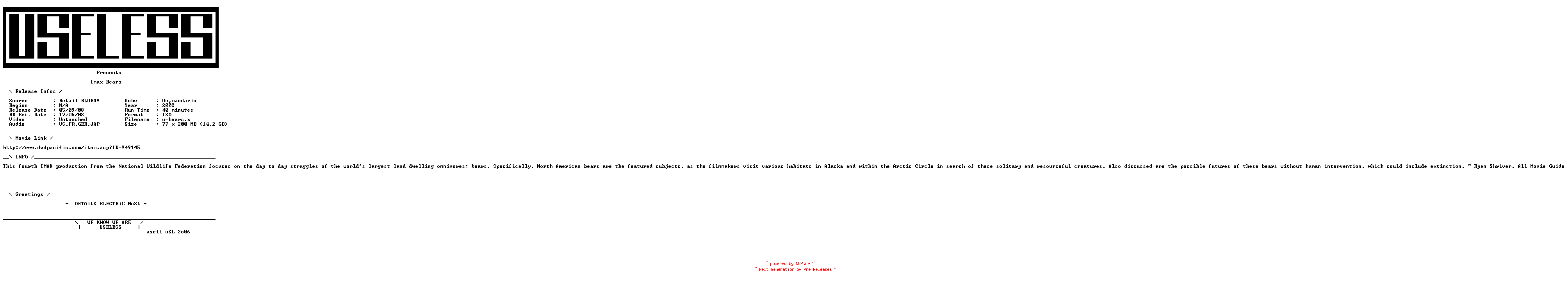 NFO for the release IMAX.BEARS.2001.MULTI.BLURAY-USELESS by USELESS