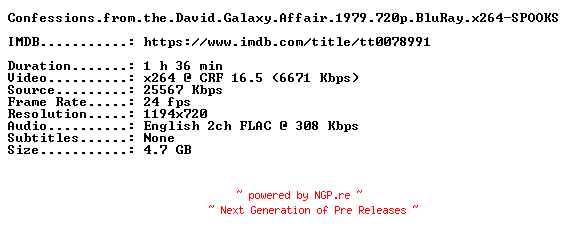 NFO for the release Confessions.from.the.David.Galaxy.Affair.1979.720p.BluRay.x264-SPOOKS by SPOOKS