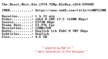 NFO for the release The.Beast.Must.Die.1974.720p.BluRay.x264-SPOOKS by SPOOKS