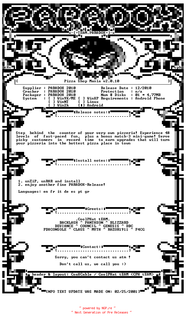 NFO for the release Pizza_Shop_Mania_v2.0.10_ANDROiD_MERRY_XMAS-PDXPDA by PDXPDA