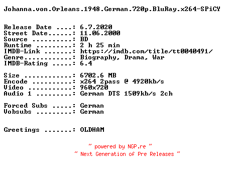NFO for the release Johanna.von.Orleans.1948.German.720p.BluRay.x264-SPiCY by SPiCY