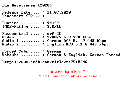 NFO for the release Die.Besessenen.2020.German.DL.720p.BluRay.x264-COiNCiDENCE by COiNCiDENCE