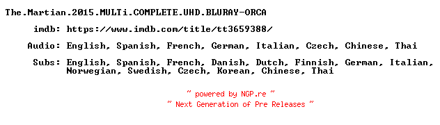 NFO for the release The.Martian.2015.MULTi.COMPLETE.UHD.BLURAY-ORCA by ORCA