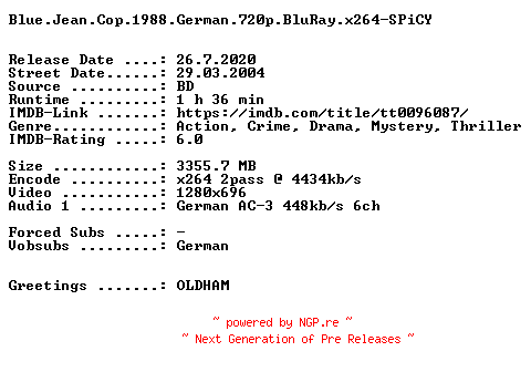 NFO for the release Blue.Jean.Cop.1988.German.720p.BluRay.x264-SPiCY by SPiCY