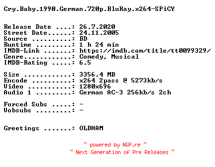 NFO for the release Cry.Baby.1990.German.720p.BluRay.x264-SPiCY by SPiCY